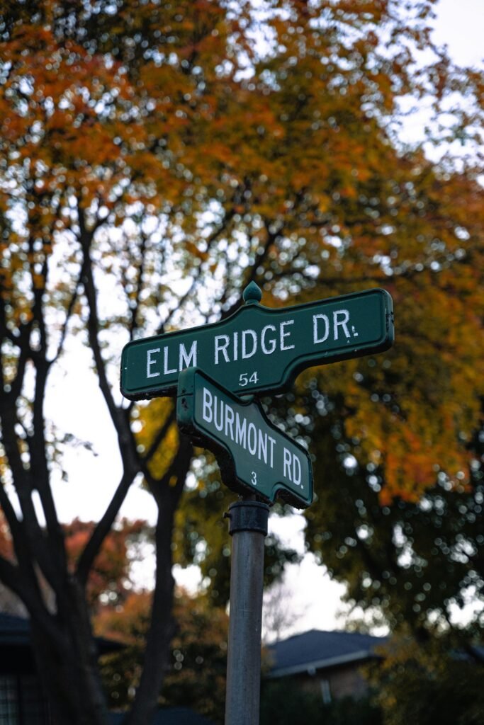 Street signs with autumn leaves in the background, creating a serene neighborhood scene.